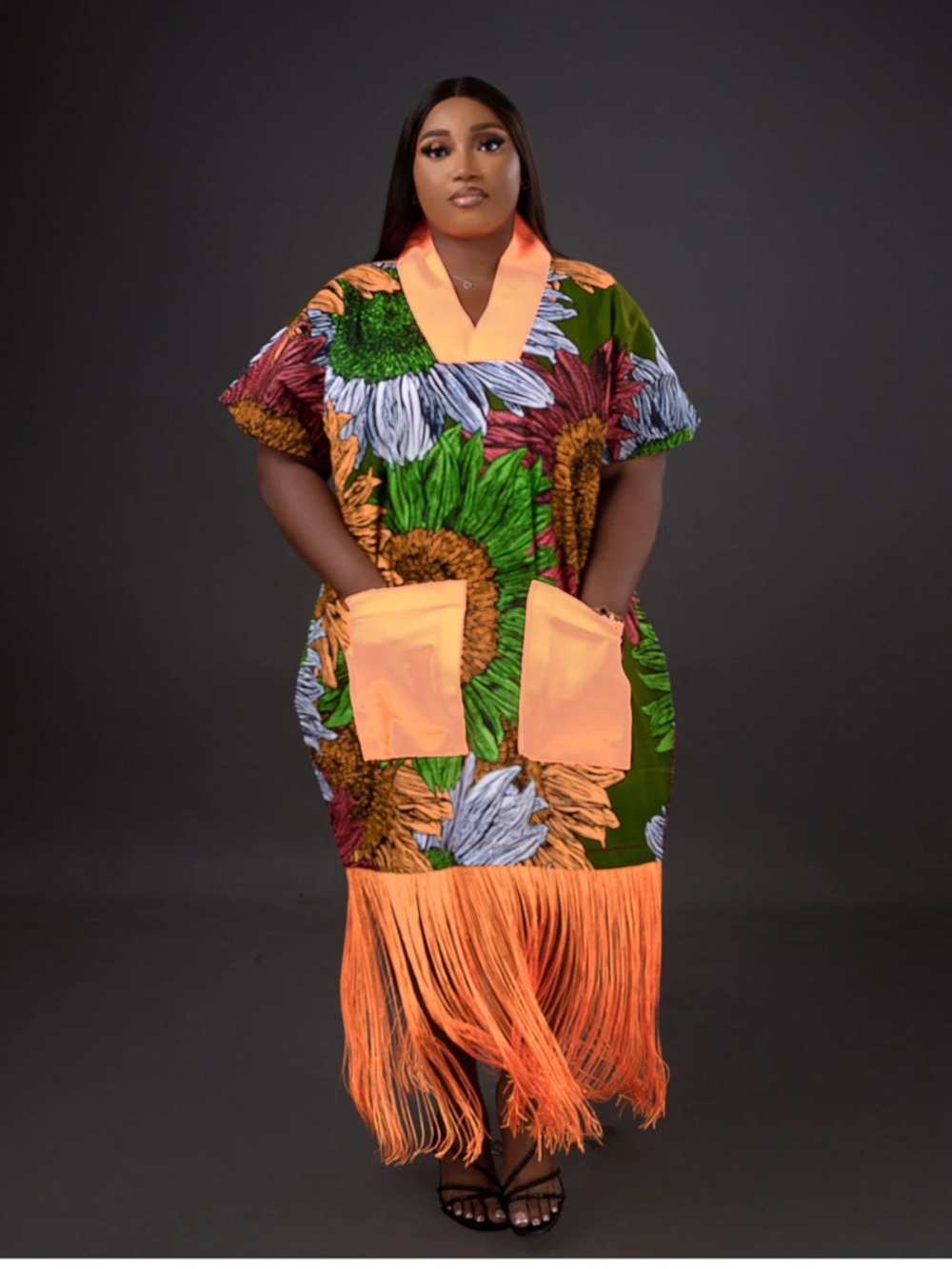 Vibrant Floral Fringe Kaftan - Orange & Green